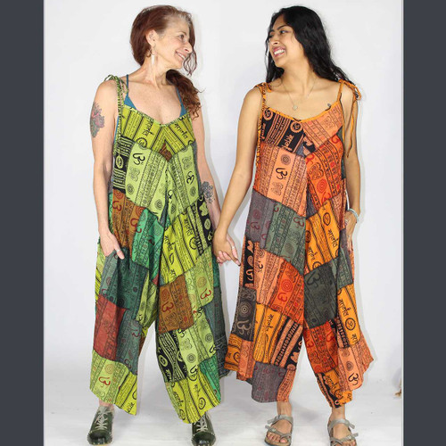 MYSTIC TRAVELER JUMPSUIT Cotton Om Print Patchwork Tie Strap Wide Leg Jumpsuit w/ Pockets •