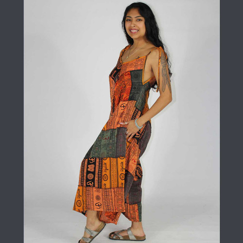 MYSTIC TRAVELER JUMPSUIT Cotton Om Print Patchwork Tie Strap Wide Leg Jumpsuit w/ Pockets •