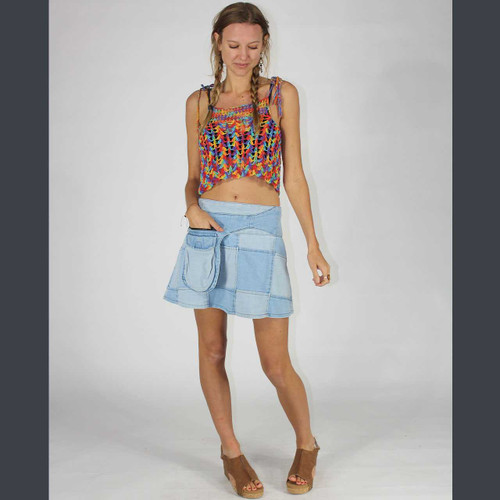 DENIM DRIFT MINI SKIRT Stretch Denim Patch Mini Skirt w/ Attached Pouch Pocket & Back Elastic Waist