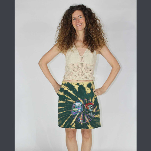 THE WHEEL MINI SKIRT Cotton Lycra Mini Skirt w/ Grateful Dead Peace Sign Print & Pockets