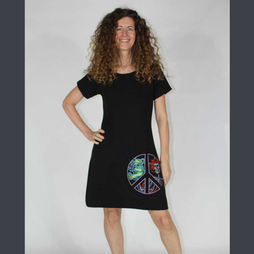 THE WHEEL MINI DRESS Cotton Lycra Cap Sleeve Mini Dress w/ Grateful Dead Peace Sign Print