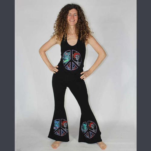 THE WHEEL PANTS Cotton Lycra Booty Pants w/ Grateful Dead Peace Sign Print & Pockets