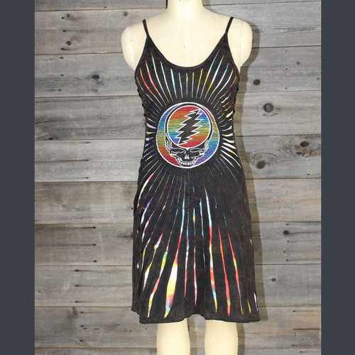 TORE UP MINI DRESS Cotton Lycra Razor Cut Spaghetti Strap Dress w/Grateful Dead Steal Your Face Tonal Embroidery • Olive • S-M-L-XL