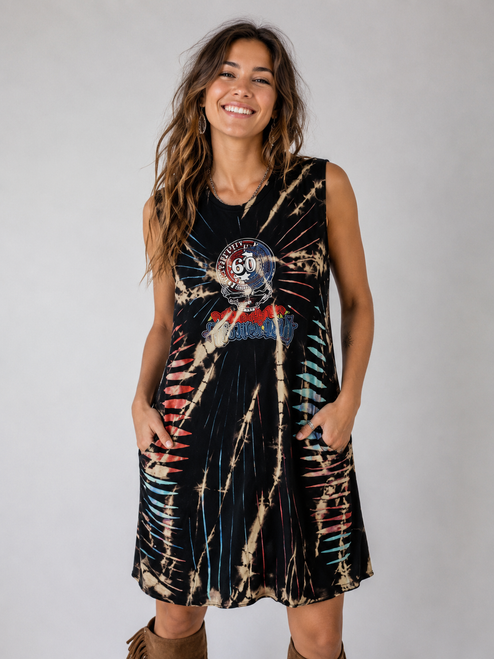 60TH MINI DRESS Cotton Lycra Tie Dye Razor Cut Hourglass Tank Dress w/ Grateful Dead 60th Anniversary Embroidey & Pockets • Black • S-M-L-XL