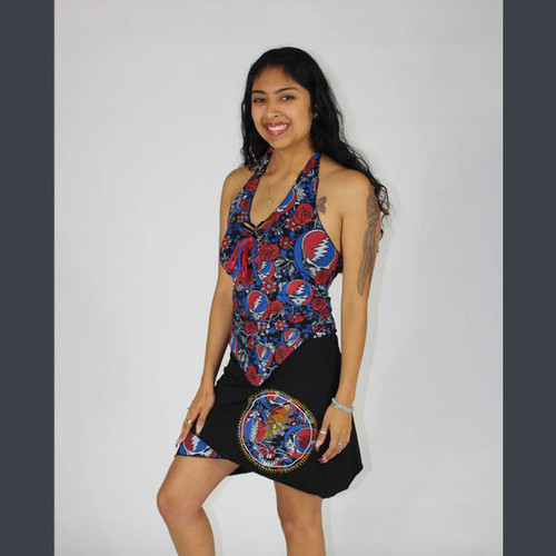 MUST HAVE BEEN THE ROSES SKIRT Cotton Lycra Multi Grateful Dead Steal Your Face, Rose Print, Solid & Applique' Angle Cut Skirt
