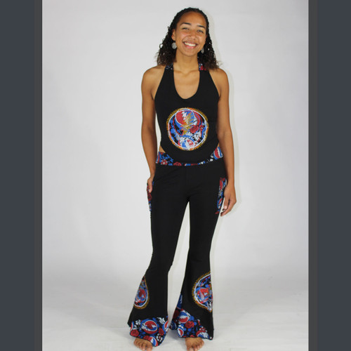 MUST HAVE BEEN THE ROSES PANTS Cotton Lycra Multi Grateful Dead Steal Your Face, Rose Print, Solid & Applique' Booty Pants