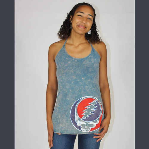SUGAREE TOP Stonewashed Cotton Lycra Halter Top w/ Grateful Dead Steal Your Face Appliqu'e