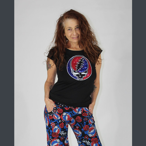 IN THE DARK T-SHIRTCotton Lycra Cap Sleeve T-Shirt w/ Sequin Grateful Dead Steal Your Face Applique'