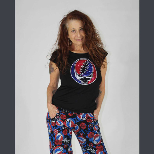 IN THE DARK T-SHIRTCotton Lycra Cap Sleeve T-Shirt w/ Sequin Grateful Dead Steal Your Face Applique'