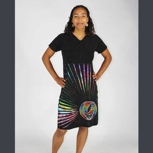 TORE UP SHORT DRESS Cotton Lycra Razor Cut Cap Sleeve Short Dress w/Grateful Dead Steal Your Face Rainbow Embroidery