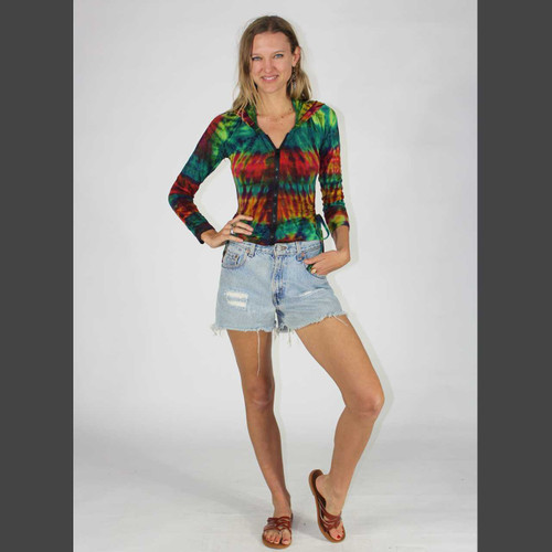 TIDE IS HIGH TOP Rayon Spandex Tie Dye Side Cinch Long Fitted Hooded Sweatshirt