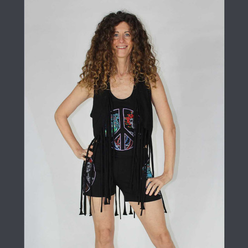 THE WHEEL VEST Cotton Lycra Fringe Vest w/ Grateful Dead Peace Sign Print