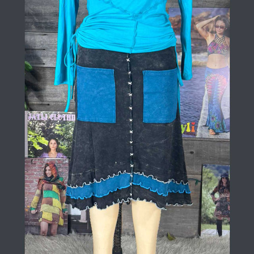 MIDNIGHT STROLL SKIRT Cotton Stonewash Patchwork Short Skirt w/ Outter Stitching Detail & Pockets