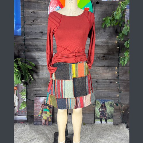 GROOVE OUT MINI SKIRT Cotton Outter Stitch Patchwork  Mini Skirt  w/ Pockets