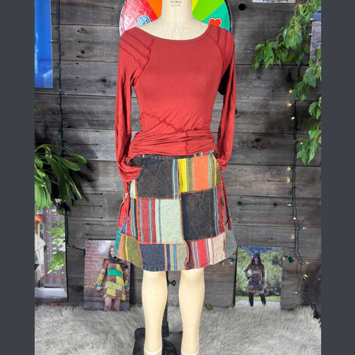 GROOVE OUT MINI SKIRT Cotton Outter Stitch Patchwork Mini Skirt w/ Pockets