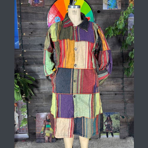 GROOVE OUT JACKET Cotton Outter Stitch Patchwork  Button Up Long Sleeve Collar Jacket  w/ Pockets