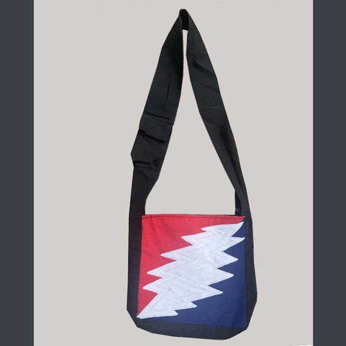 Cotton Sqaure Shoulder Bag Zip Inside Pocket w/ Grateful Dead Bolt Patch & Embroidery