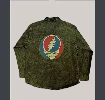 UNCLE JOHN SHIRT Cotton Enzyme Washed Long Sleeve Button Up Collar Shirt w/ Large Grateful Dead Steal Your Face Print & Bolt Buttons