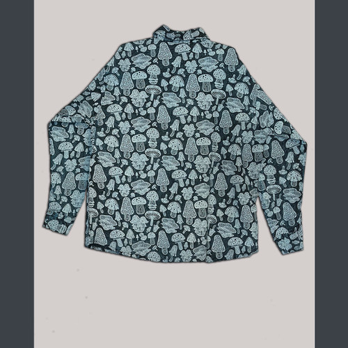 PABLO SHIRT Cotton Enzyme Washed Long Sleeve Button Up Collar Shirt w/ Multi Mushroom  Print & Mushroom Buttons