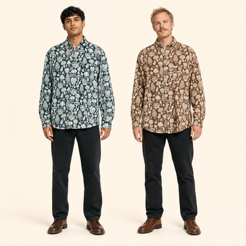 PABLO SHIRT Cotton Enzyme Washed Long Sleeve Button Up Collar Shirt w/ Multi Mushroom Print & Mushroom Buttons