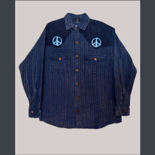 PEACE OUT SHIRT Cotton Striped & Solid Patchwork Cowboy Button Up Shirt w/ Double Chest Pockets w/ Embroidered Peace Signs