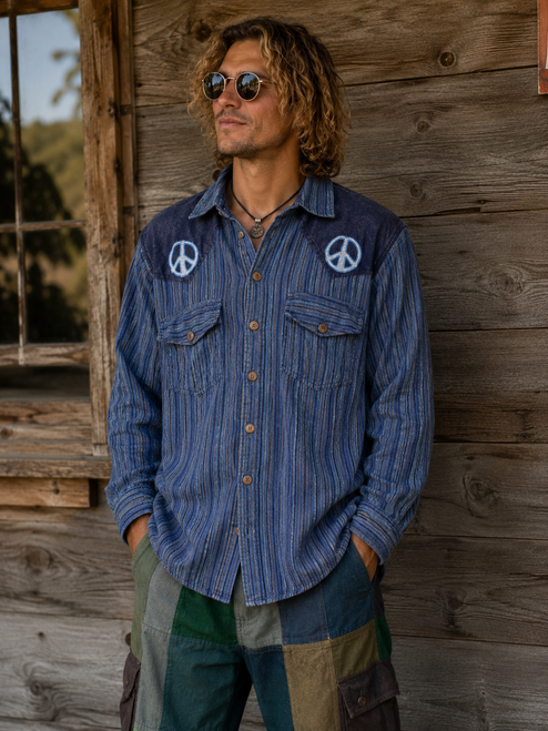 PEACE OUT SHIRT Cotton Striped & Solid Patchwork Cowboy Button Up Shirt w/ Double Chest Pockets w/ Embroidered Peace Signs
