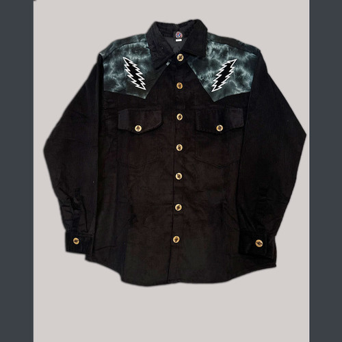 TRUCKIN' SHIRT  Corduroy & Tie Dye Button Up Long Sleeve Shirt w/ Grateful Dead Bolt Cut Out & Steal Your Face Embroidery & Bolt Bottons
