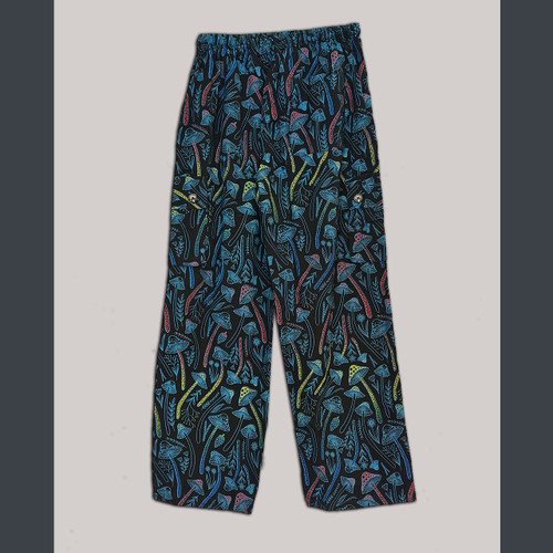 MAGIC CAP PANTS Cotton Elastic & Drawstring Waist Cargo Pants w/ Multi Mushroom Print & Mushroom Buttons