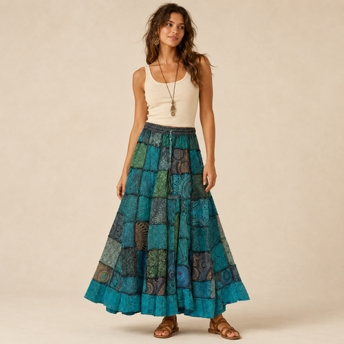 EARTH MAMA MAXI SKIRT Cotton Patchwork Skirt w/ Elastic Drawstring Waist Maxi Skirt