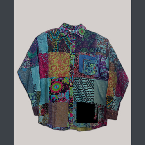 HARMONY HUES SHIRT Cotton Printed Patchwork Button Up Long Sleeve Collar Shirt w/ Front Pocket