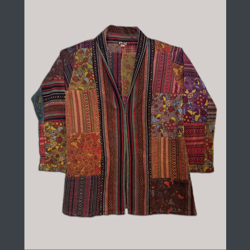 SHROOM BLOOM KIMONO JACKET Heavy Cotton Mushroom Print Patchwork Kimono Style Jacket w/ Pockets & Toggle Button