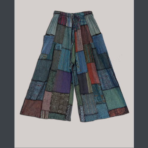 EARTH MAMA PANTS Cotton Patchwork Super Wide Leg Pants  w/ Elastic Drawstring Waist & Pockets