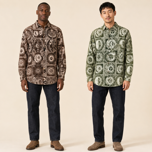 MANTRA VIBES SHIRT Cotton Mantra Print Long Sleeve Button Up Collar Shirt w/ Front Pocket