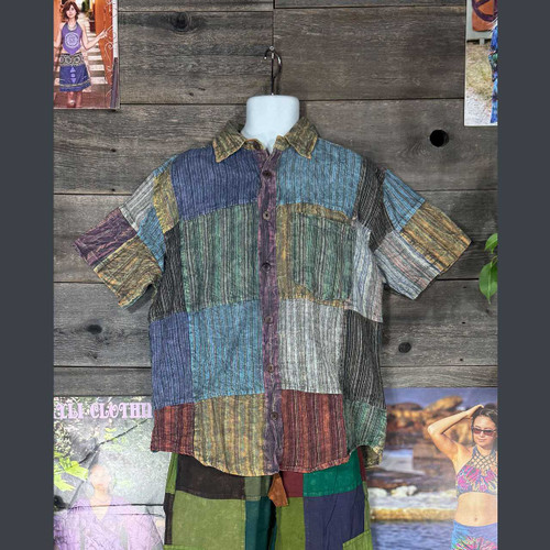 JASPER SHIRT Nepali Striped Patchwork Over dyed Cotton Button-Up Men's HippieShirt