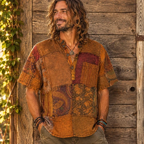 BODHI SHIRT Nepali Striped Patchwork Over dyed Cotton Button-Up Men's Hippie Shirt