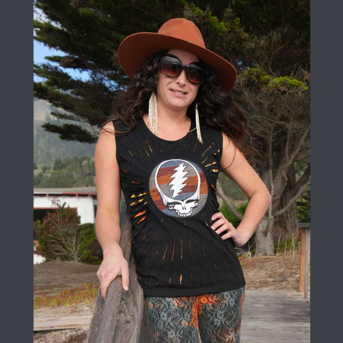AVALON TOP Cotton Spandex Long Tank Top Razor Cut w/ Grateful Dead Steal Your Face Tonal Embroidery