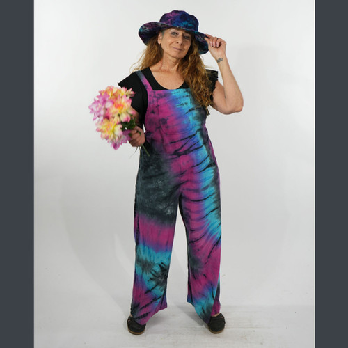 BE-IN OVERALLS Cotton Wide Leg Tie Dye Overalls w/ Elastic Straps