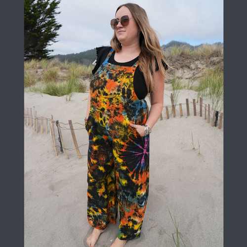 BE-IN OVERALLS Cotton Wide Leg Tie Dye Overalls w/ Elastic Straps