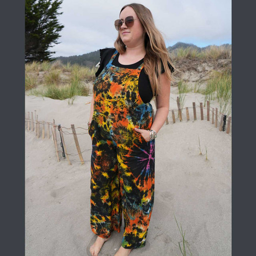 BE-IN OVERALLS Cotton Wide Leg Tie Dye Overalls w/ Elastic Straps