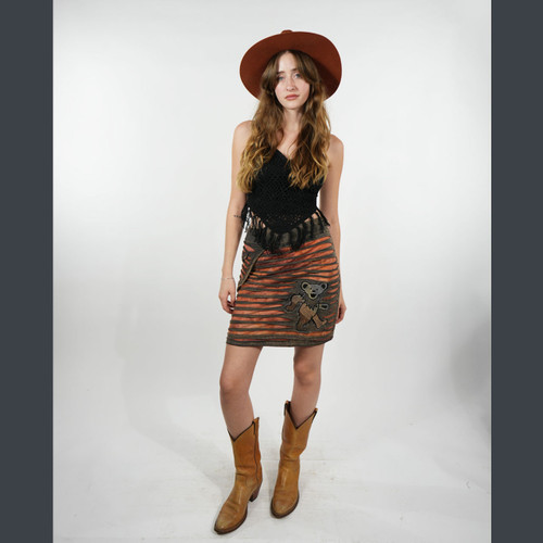 OLOMPALI SKIRT Cotton Spandex Tie Dye Dye Stonewash Razor Cut Mini Skirt w/ Attachted Pocker &  Tonal Grateful Dead Bear Embroidery - Brown