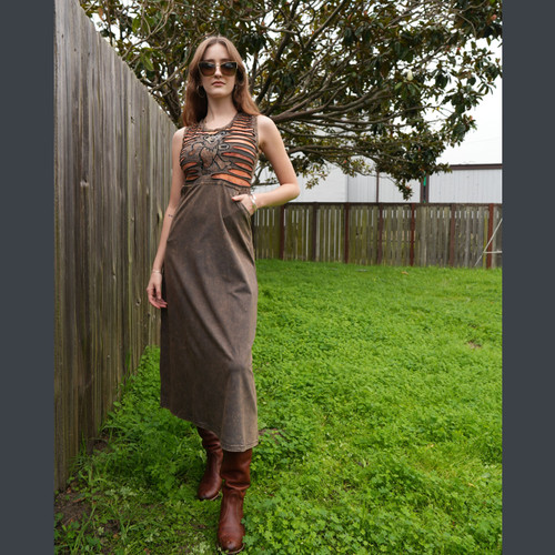 OLOMPALI MAXI DRESS Cotton Spandex Lace Up Back Tank Maxi Dress  Razor Cut w/ Pockets & Grateful Dead Bear Embroidery - Brown