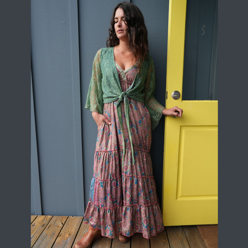 FLORENCE MAXI DRESS Sari Tiered Maxi Dress  w/ Elastic Strap Back Smocking, Ribbon Trim & Pockets - Assorted