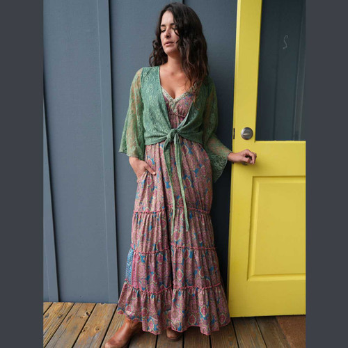 FLORENCE MAXI DRESS Sari Tiered Maxi Dress w/ Elastic Strap Back Smocking, Ribbon Trim & Pockets - Assorted