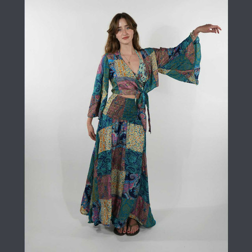 Sari Silk Patchwork Upcycled wrap top with flowy sleeves