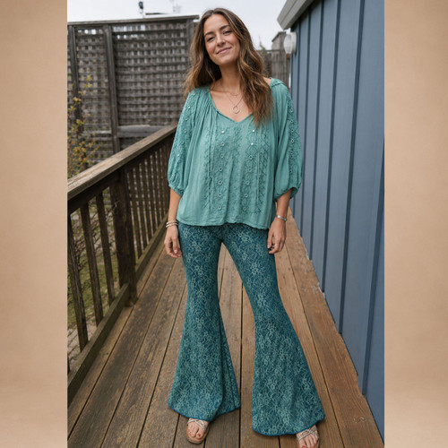 GRACE PANTS Lace Outer & Cotton Spandex lined Bell Bottom Pants