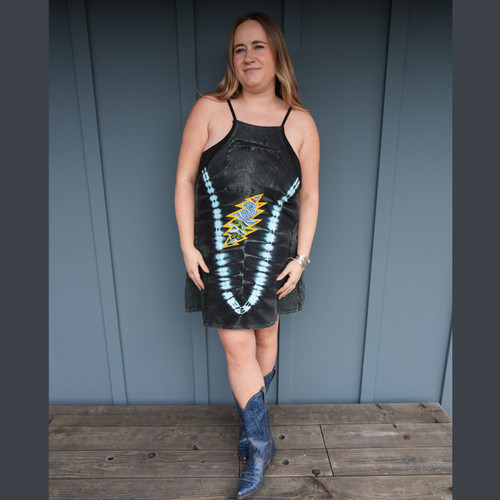 LACEY LIGHTENING  DRESS Cotton Spandex Stonewash & Tie Dye Mini Dress w/ Grateful Dead Bolt & Rose Embroidery