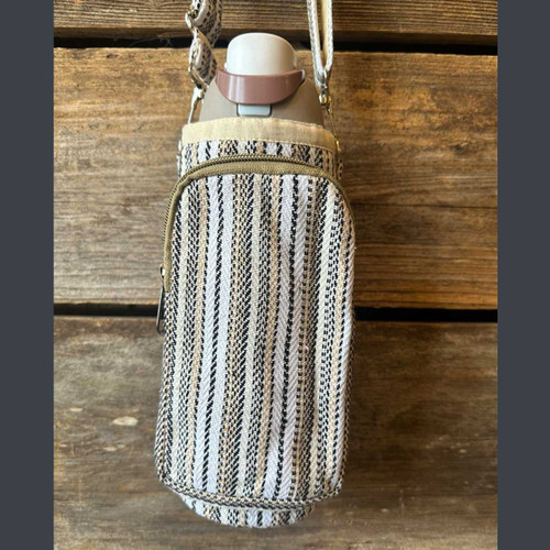 Cotton Water Bottle Holder w/ Outside Zipper Pocket & Adjustable Straps