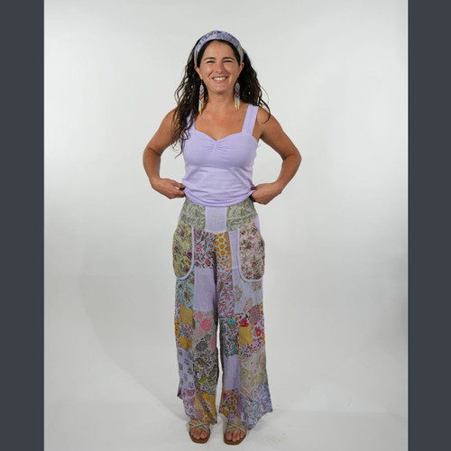 APRIL MAY PANTS Cotton Floral Print Overdye Patchwork  Back Elastic Waist Beach Pants w/Piping Detail & Pockets