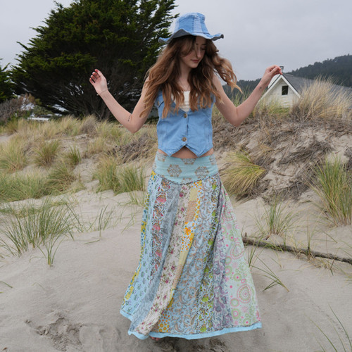 APRIL MAY MAXI SKIRT Cotton Floral Print Overdye Patchwork  Back Elastic Waist Paneled Maxi Skirt w/ Pockets