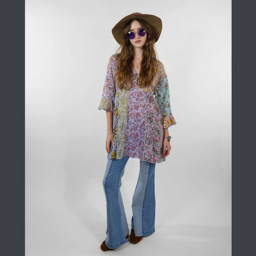 APRIL MAY KURTHA Cotton Floral Print Overdye Patchwork 1/2 Sleeve Kurtha w/ Pockets